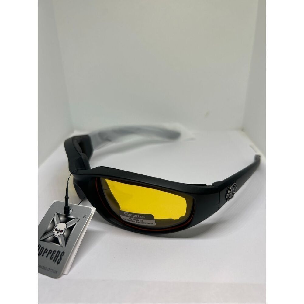 Choppers Padded Wrap Around Motorcycle Sunglasses Yellow Lens Night Driving UV40